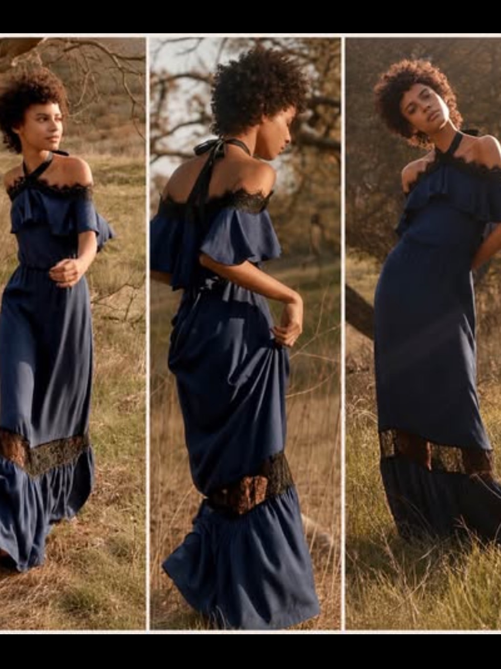 Alice + Olivia Mitsy Maxi Dress Size 6 Cold Shoulder Halter Lace Navy Blue Boho